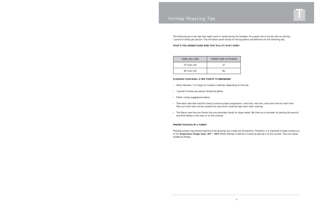 Dacor Wall Ovens manual Holiday Roasting Tips, Oven Cell Size Turkey SIZE-IN Pounds 