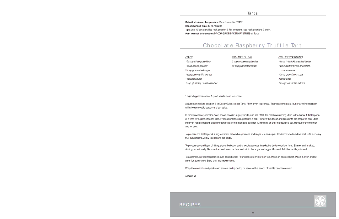 Dacor Wall Ovens manual Chocolate Raspberry Truffle Tart, Tarts, Crust 1ST Layer Filling 2ND Layer of Filling 