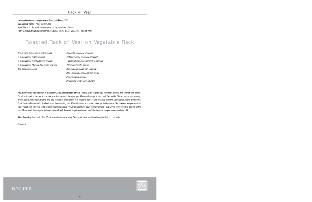 Dacor Wall Ovens manual Roasted Rack of Veal on Vegetable Rack, Default Mode and Temperature Surround Roast/375˚ 