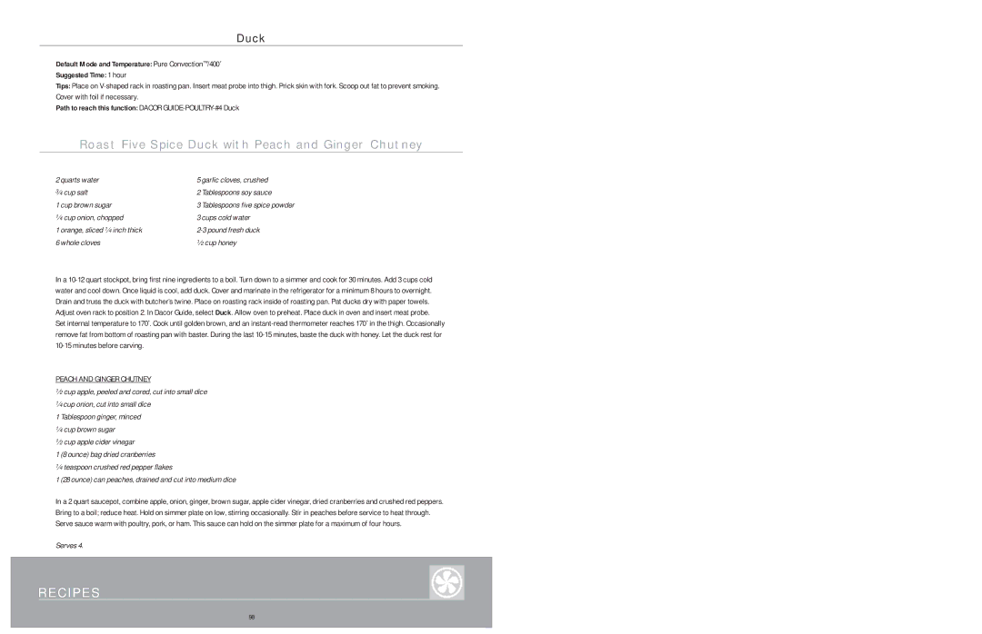 Dacor Wall Ovens manual Path to reach this function Dacor GUIDE-POULTRY-#4 Duck, Peach and Ginger Chutney 