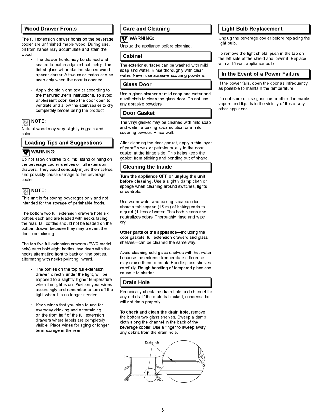 Dacor Wine Steward/Beverage Cooler manual Wood Drawer Fronts, Loading Tips and Suggestions, Care and Cleaning, Cabinet 