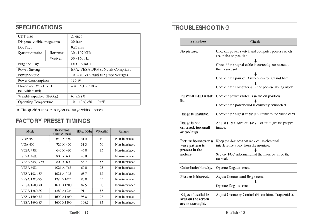 Daewoo 103FH manual Specifications, Factory Preset Timings, Troubleshooting 