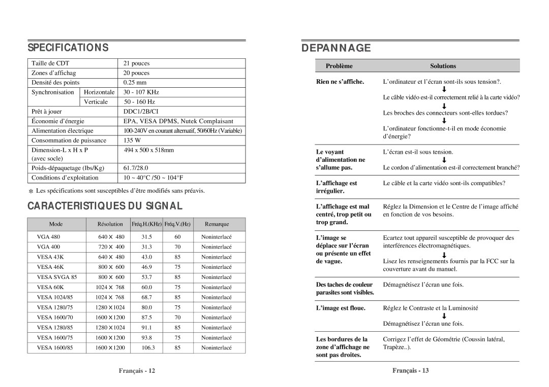 Daewoo 103FH manual Caracteristiques DU Signal 