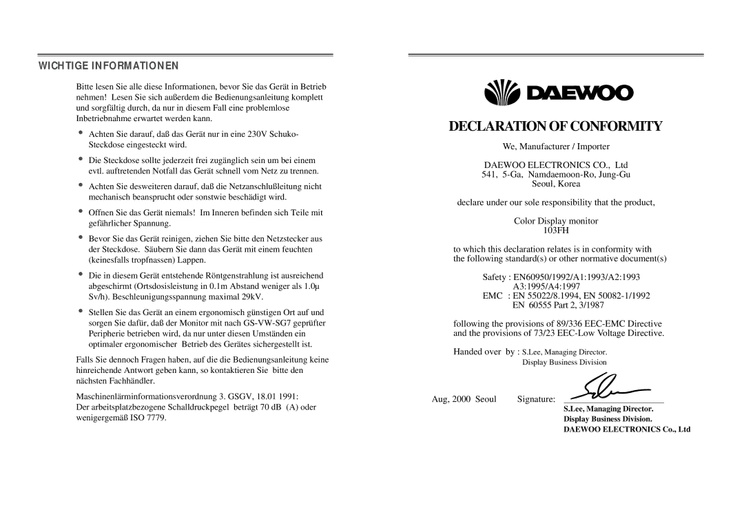 Daewoo 103FH manual Declaration of Conformity 