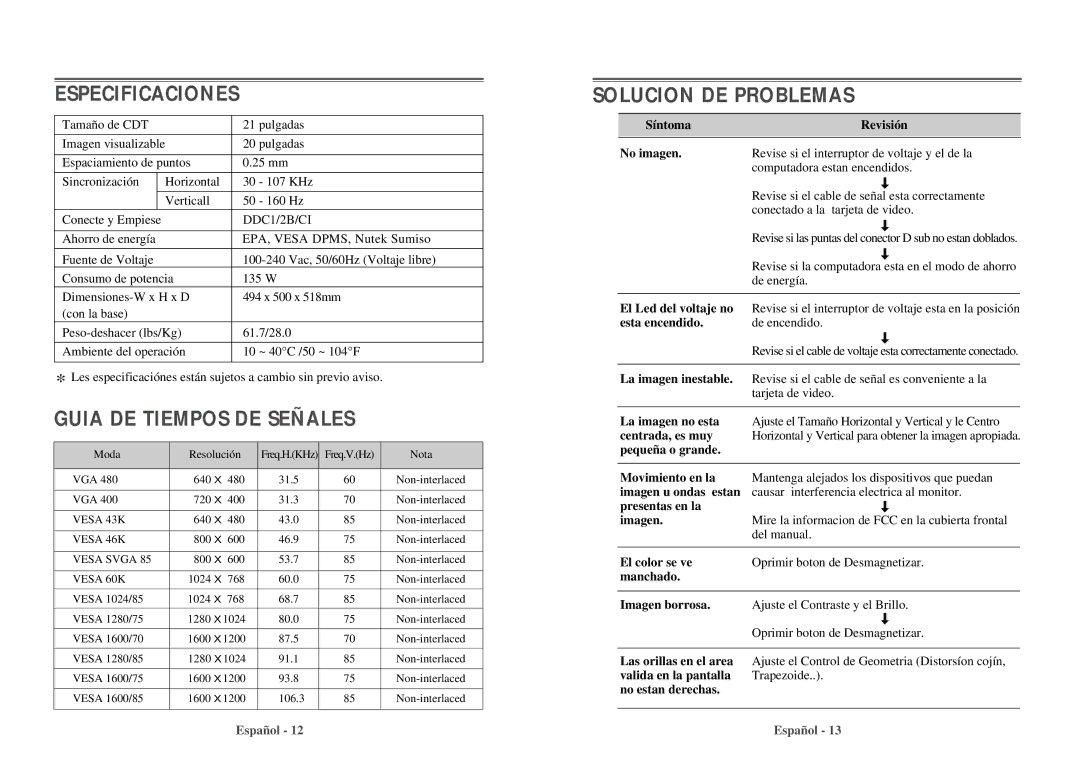 Daewoo 103FH manual Especificaciones, Guia DE Tiempos DE Señales, Solucion DE Problemas 