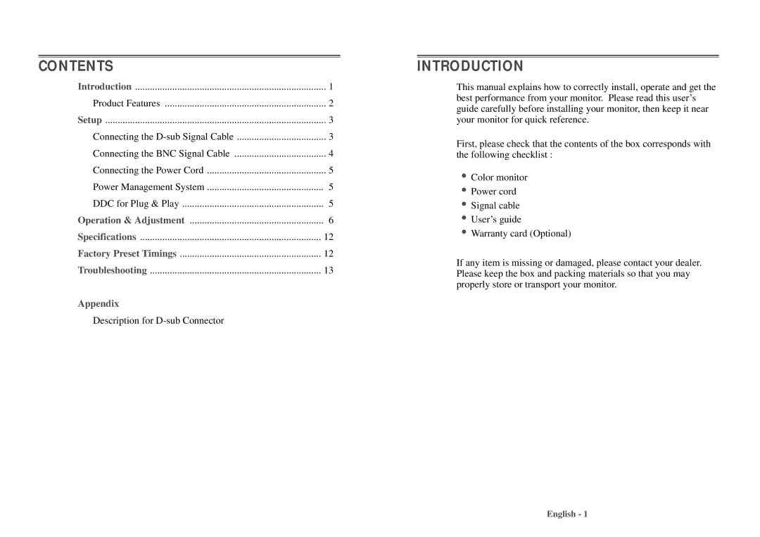 Daewoo 103FH manual Contents, Introduction 