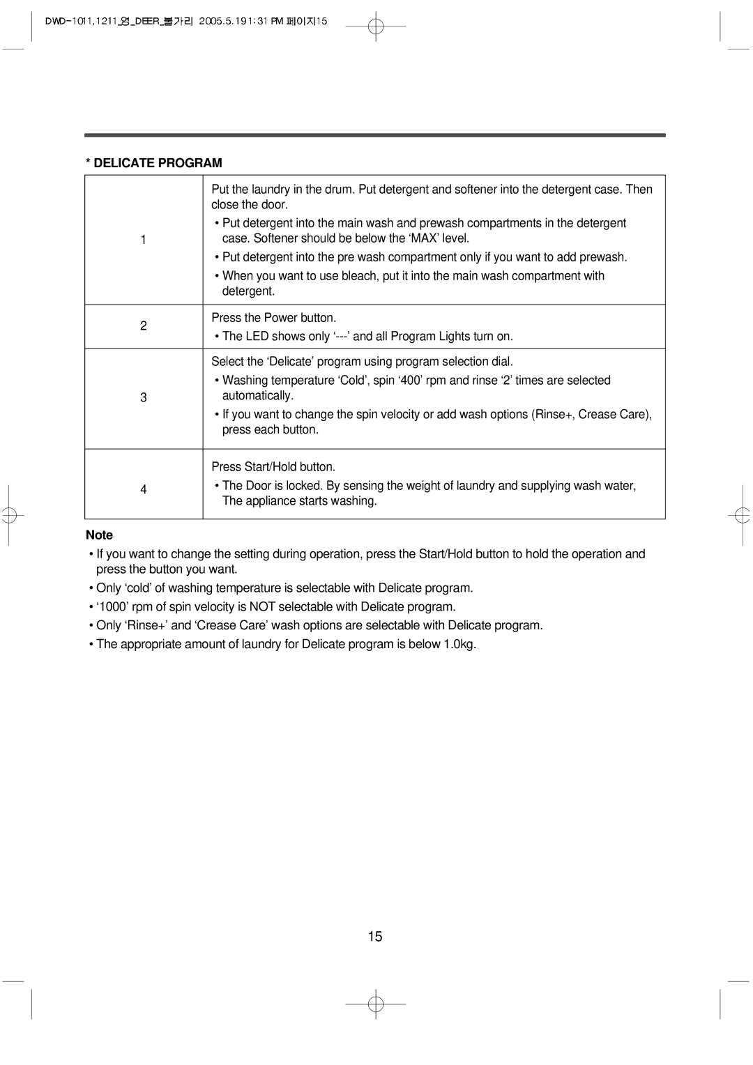 Daewoo 1212, 1211, 1213, DWD-F1011, 1012, 1013 instruction manual Delicate Program 