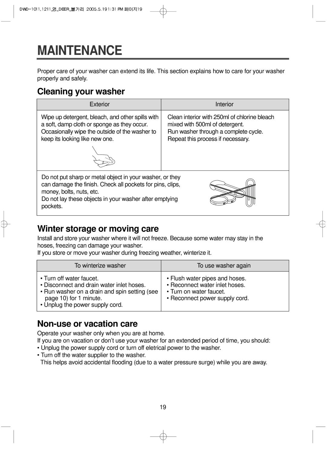 Daewoo 1213, 1211, DWD-F1011, 1212, 1012, 1013 instruction manual Maintenance, Cleaning your washer 