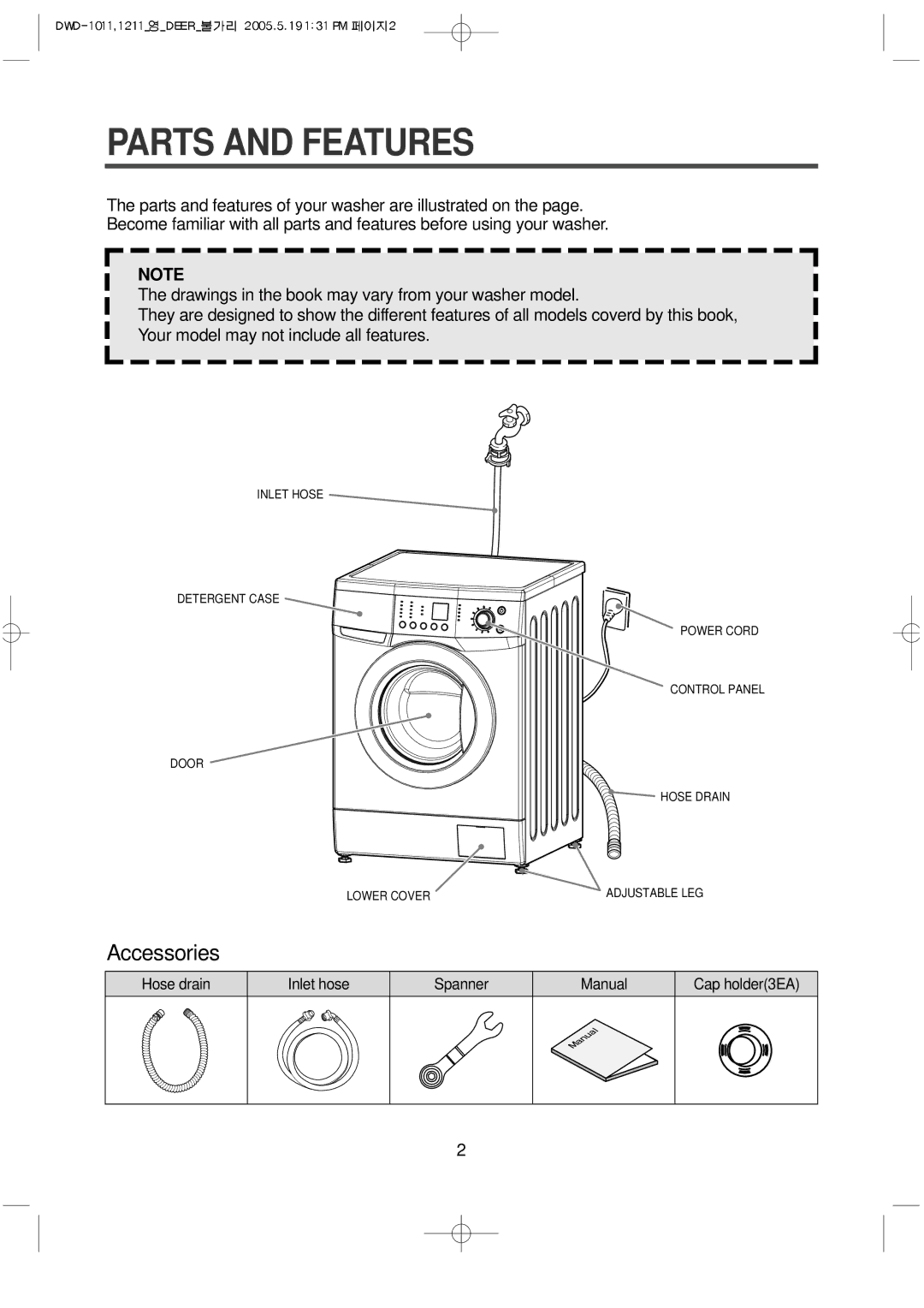 Daewoo DWD-F1011, 1211, 1213, 1212, 1012, 1013 instruction manual Parts and Features 