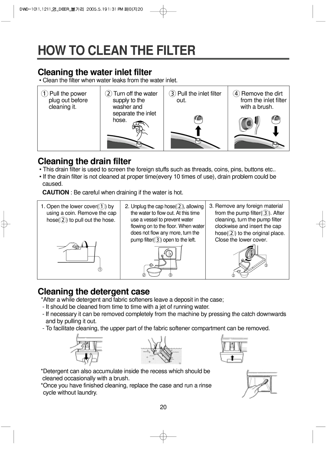 Daewoo DWD-F1011, 1211, 1213, 1212, 1012, 1013 instruction manual HOW to Clean the Filter, Cleaning the water inlet filter 