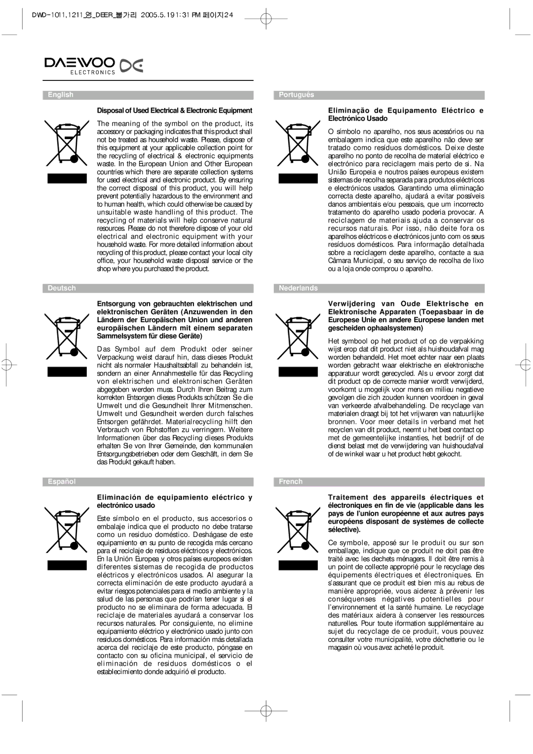 Daewoo 1211, 1213, DWD-F1011, 1212, 1012, 1013 instruction manual English Deutsch Español 