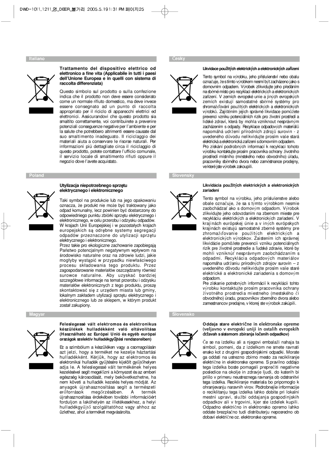 Daewoo 1213, 1211, DWD-F1011, 1212, 1012, 1013 instruction manual Italiano Poland Magyar 