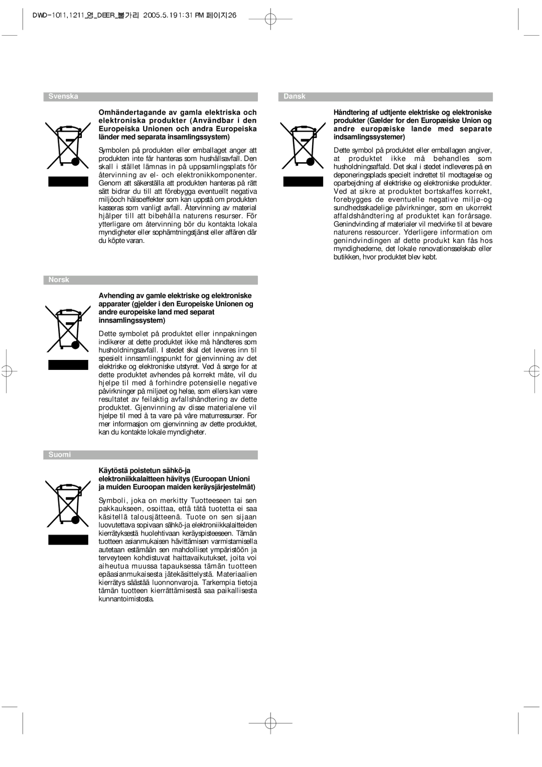 Daewoo DWD-F1011, 1211, 1213, 1212, 1012, 1013 instruction manual Svenska Norsk Suomi Dansk 