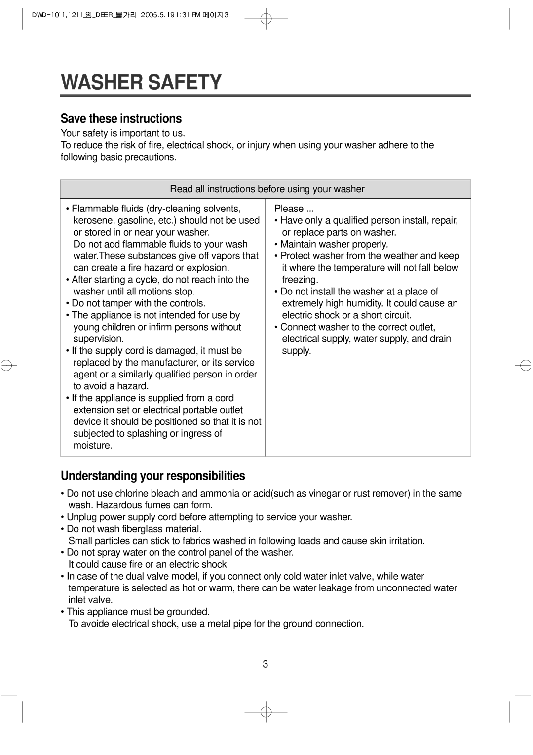 Daewoo 1212, 1211, 1213, DWD-F1011, 1012, 1013 instruction manual Washer Safety, Understanding your responsibilities 