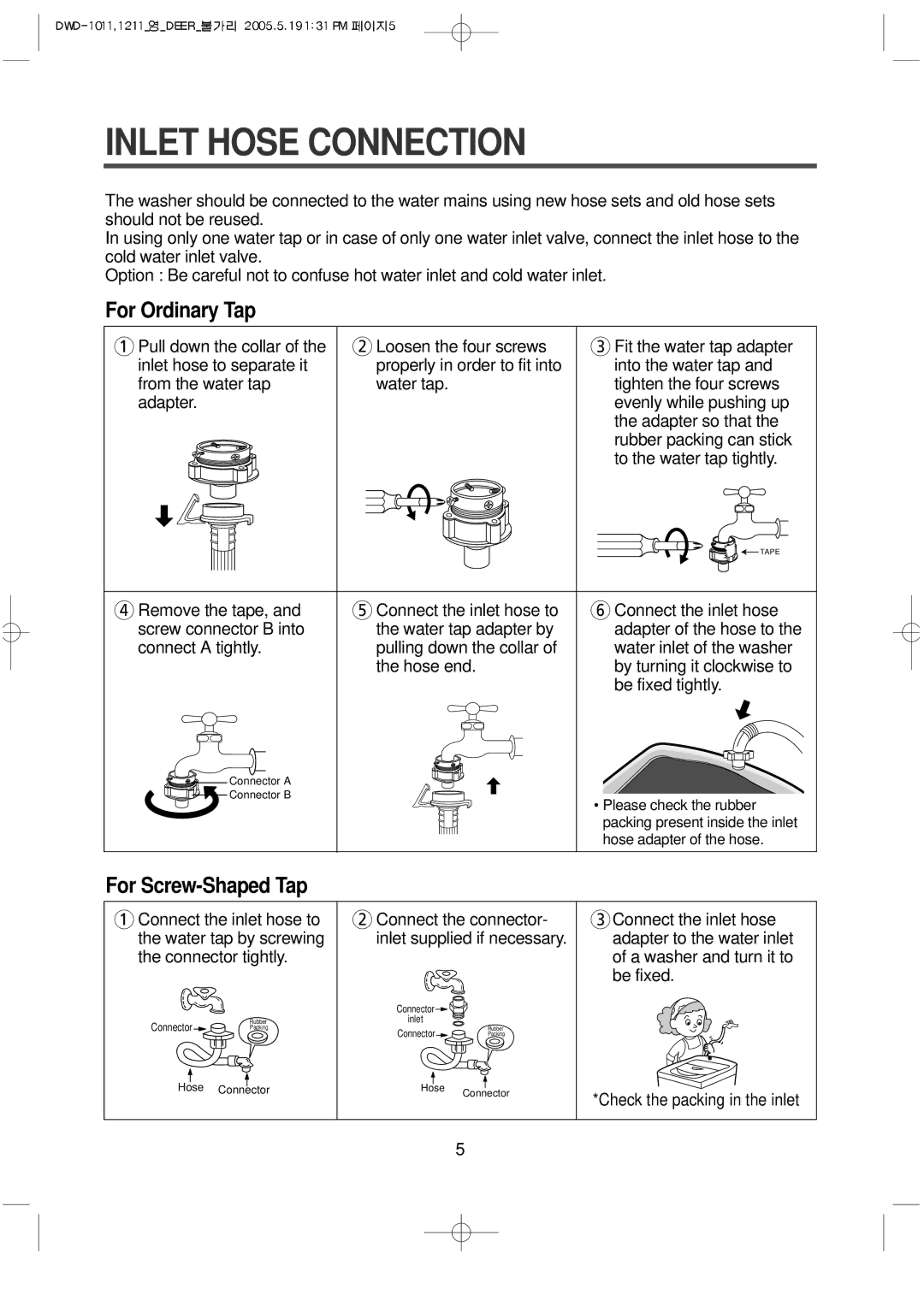 Daewoo 1013, 1211, 1213, DWD-F1011, 1212, 1012 instruction manual Inlet Hose Connection, For Ordinary Tap 