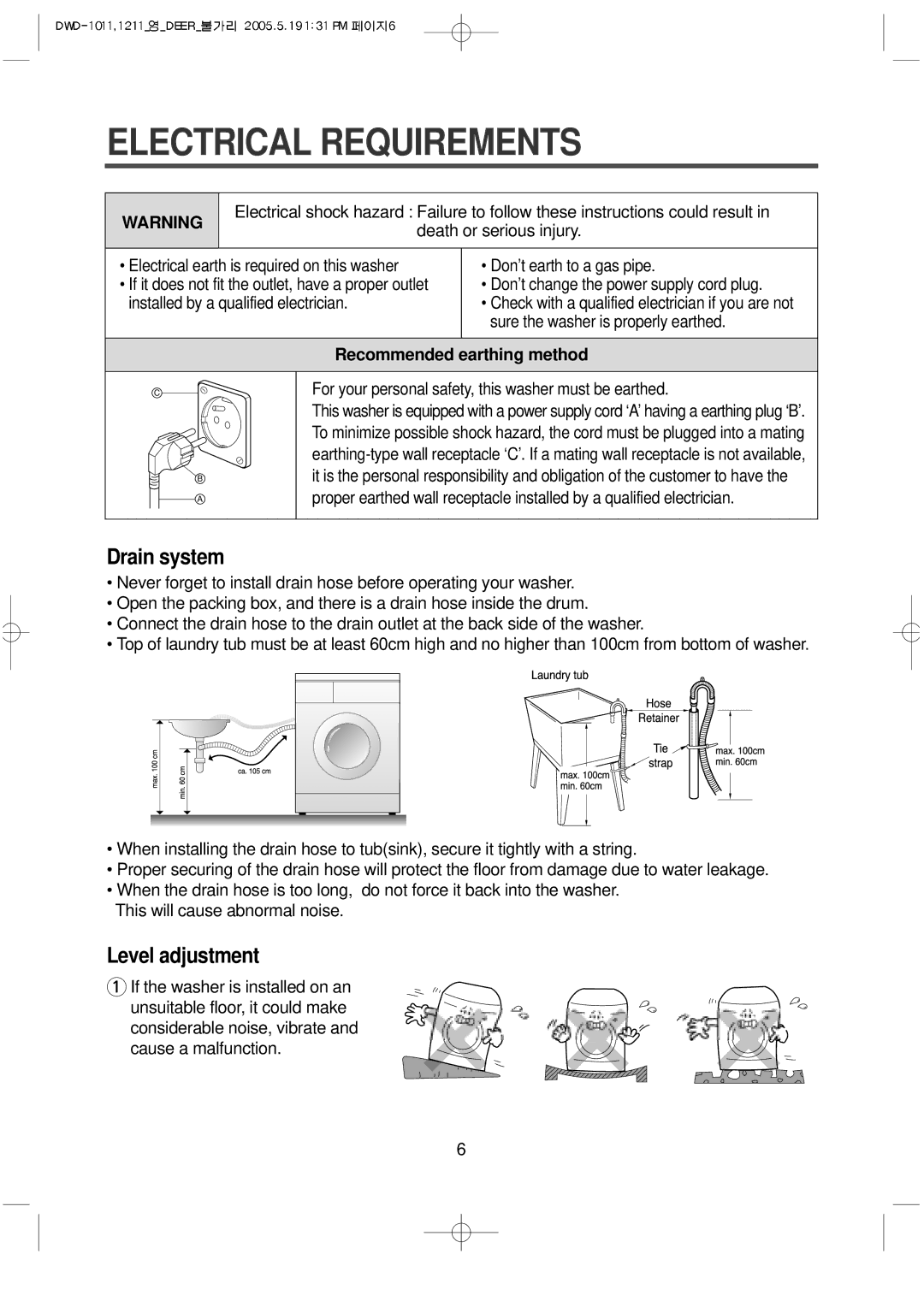 Daewoo 1211, 1213, DWD-F1011, 1212, 1012, 1013 instruction manual Electrical Requirements, Recommended earthing method 