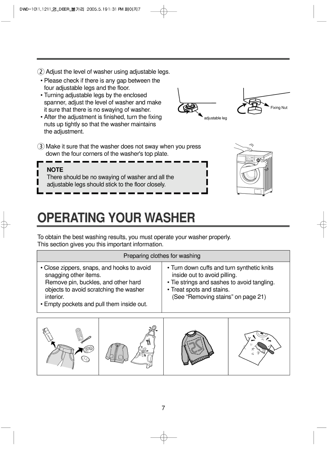 Daewoo 1213, 1211, DWD-F1011, 1212, 1012, 1013 instruction manual Operating Your Washer 