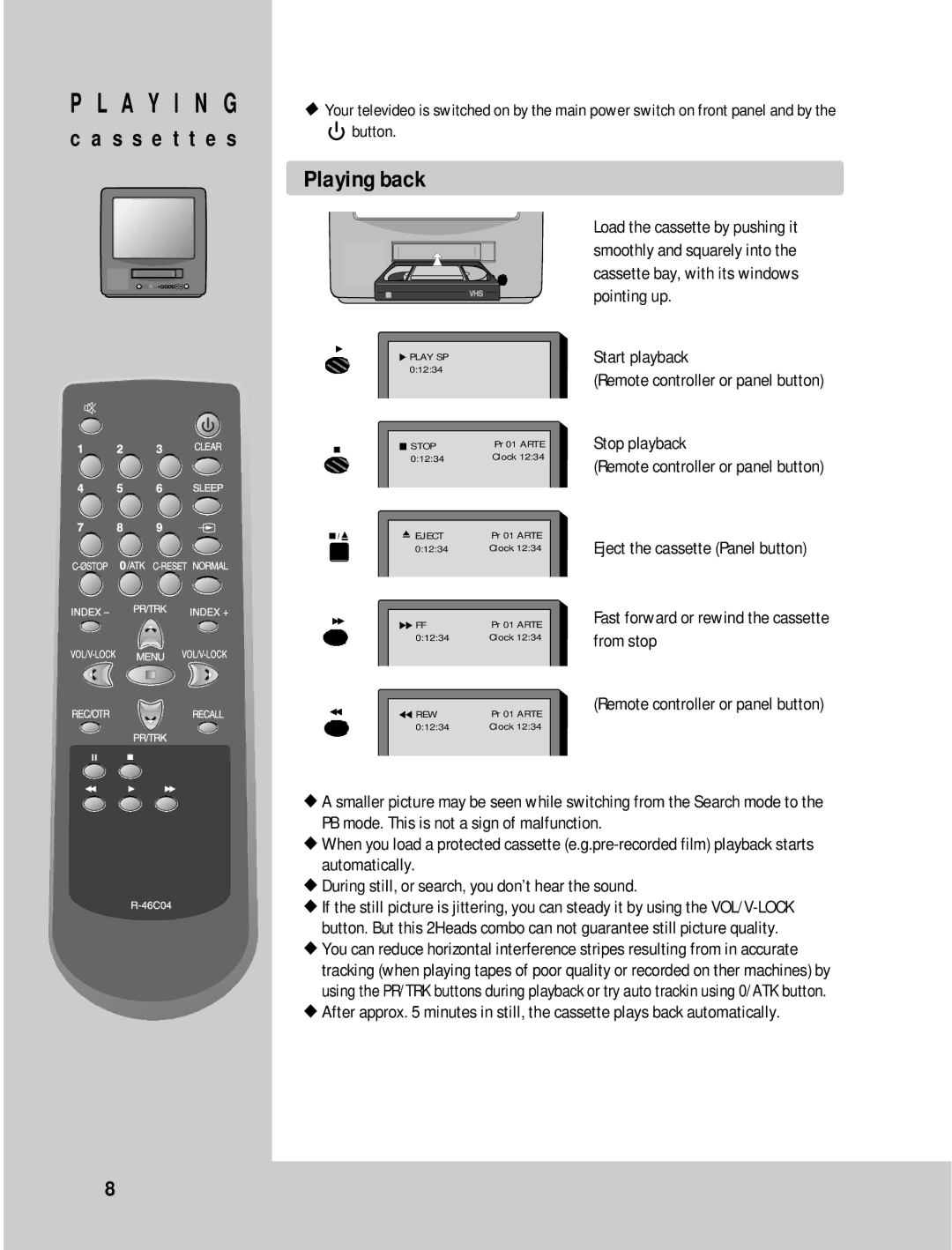 Daewoo 14H1N, 20H1N 14H1T, 20H1T 14H2N, 20H2N 14H2T, 20H2T instruction manual A Y I N G, S s e t t e s, Playing back 