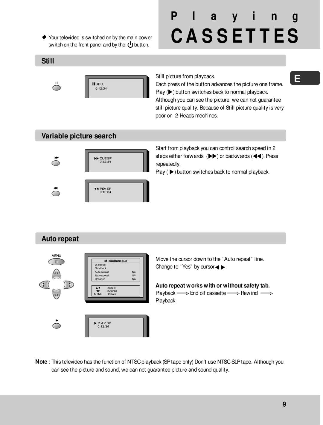 Daewoo 14H1N, 20H1N 14H1T, 20H1T 14H2N, 20H2N 14H2T, 20H2T instruction manual Still, Variable picture search, Auto repeat 