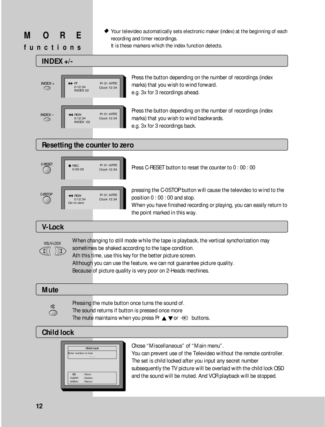 Daewoo 14H1N, 20H1N 14H1T, 20H1T 14H2N, 20H2N 14H2T, 20H2T R E, N c t i o n s, Resetting the counter to zero, Mute 