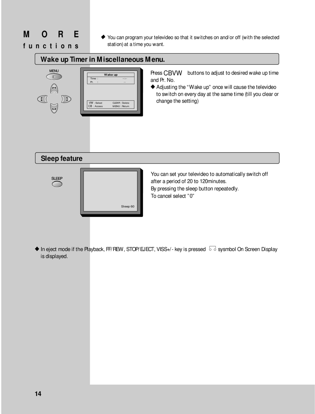 Daewoo 14H1N, 20H1N 14H1T, 20H1T 14H2N, 20H2N 14H2T, 20H2T N c t i o n s Wake up Timer in Miscellaneous Menu 