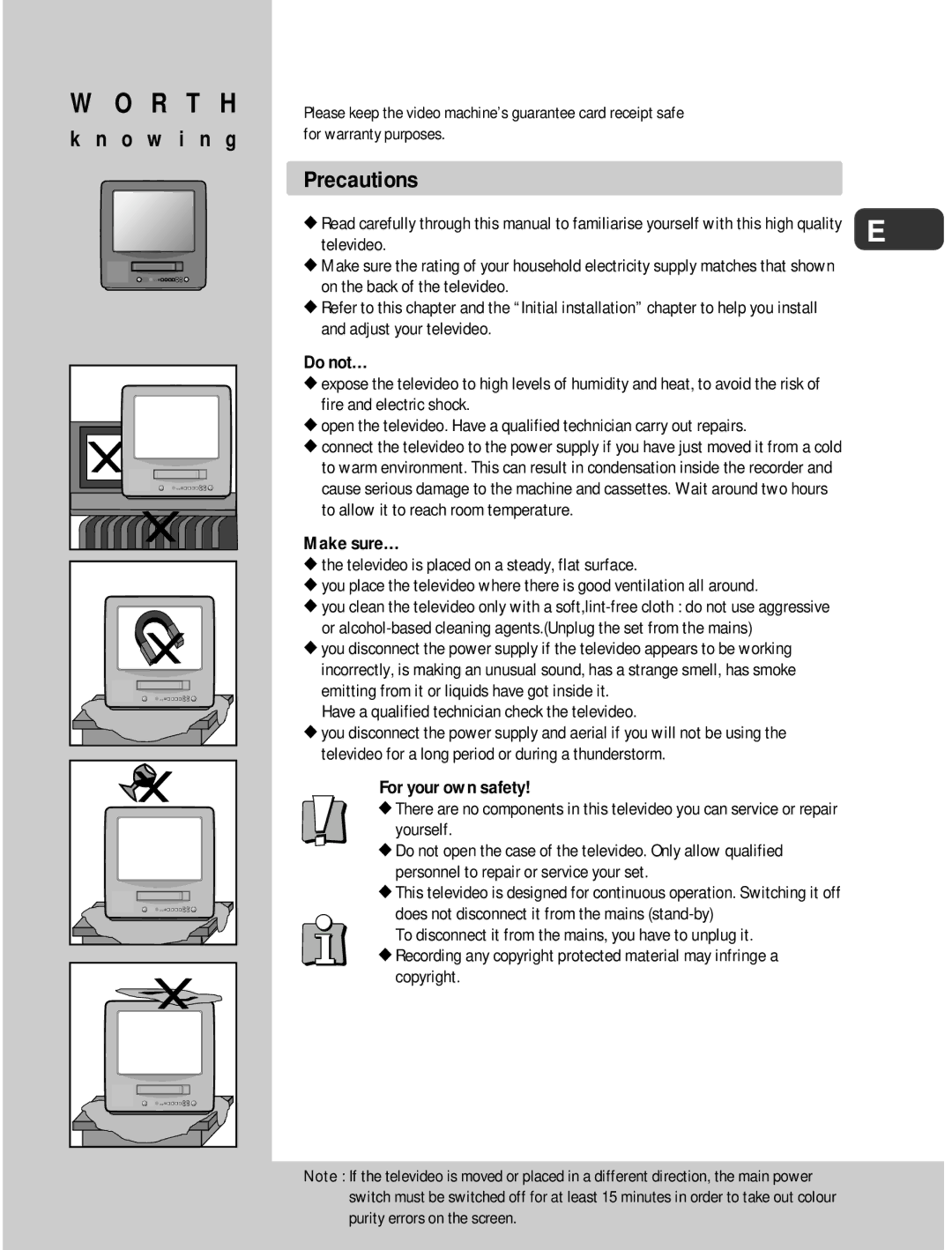 Daewoo 14H1N, 20H1N 14H1T, 20H1T 14H2N, 20H2N 14H2T, 20H2T instruction manual R T H, O w i n g, Precautions 