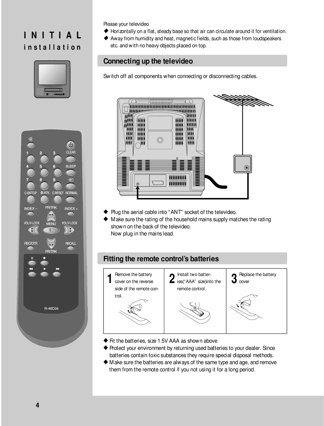 Daewoo 14H1N, 20H1N 14H1T, 20H1T 14H2N, 20H2N 14H2T, 20H2T I T I a L, Installation, Connecting up the televideo 