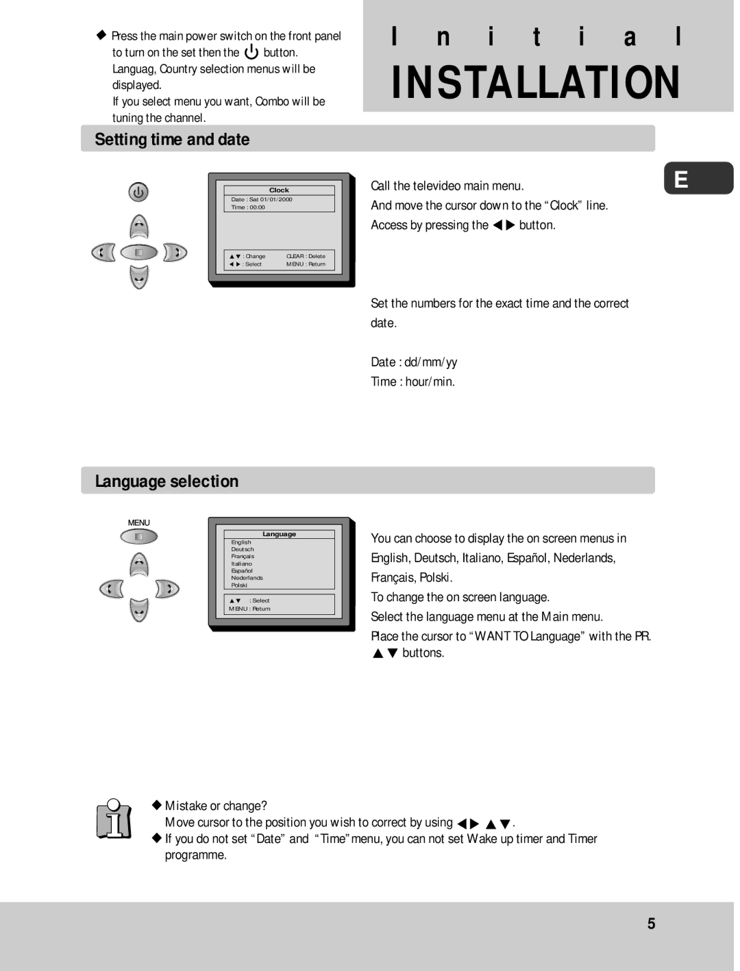 Daewoo 14H1N, 20H1N 14H1T, 20H1T 14H2N, 20H2N 14H2T, 20H2T instruction manual Setting time and date, Language selection 