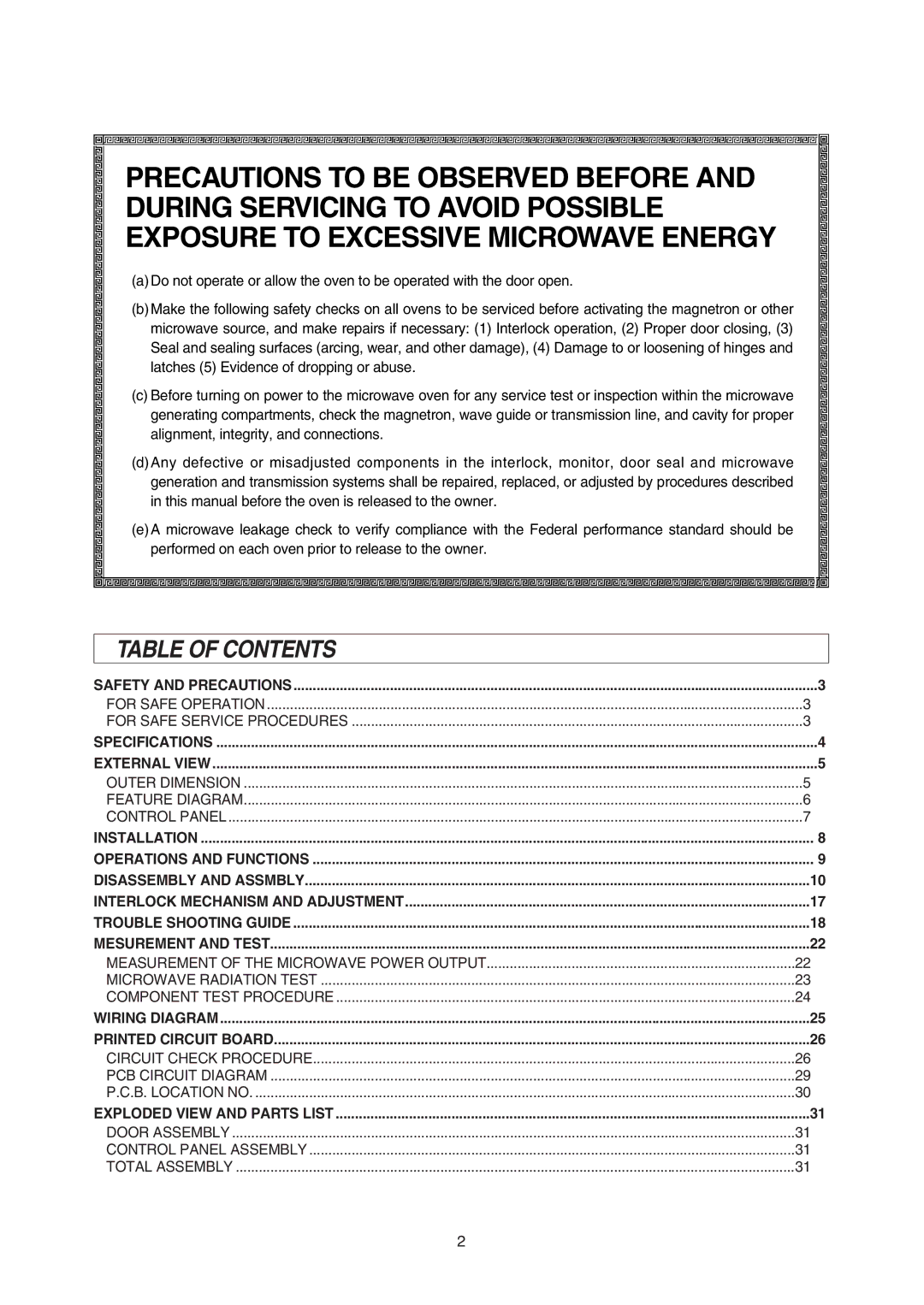 Daewoo 181GOA0A manual Table of Contents 