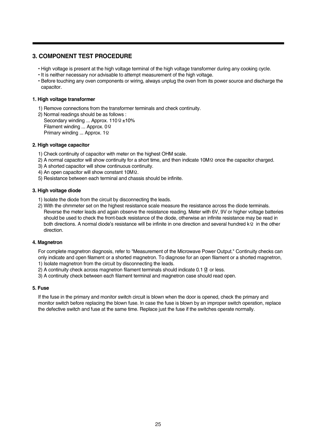 Daewoo 181GOA0A manual Component Test Procedure, High voltage transformer 