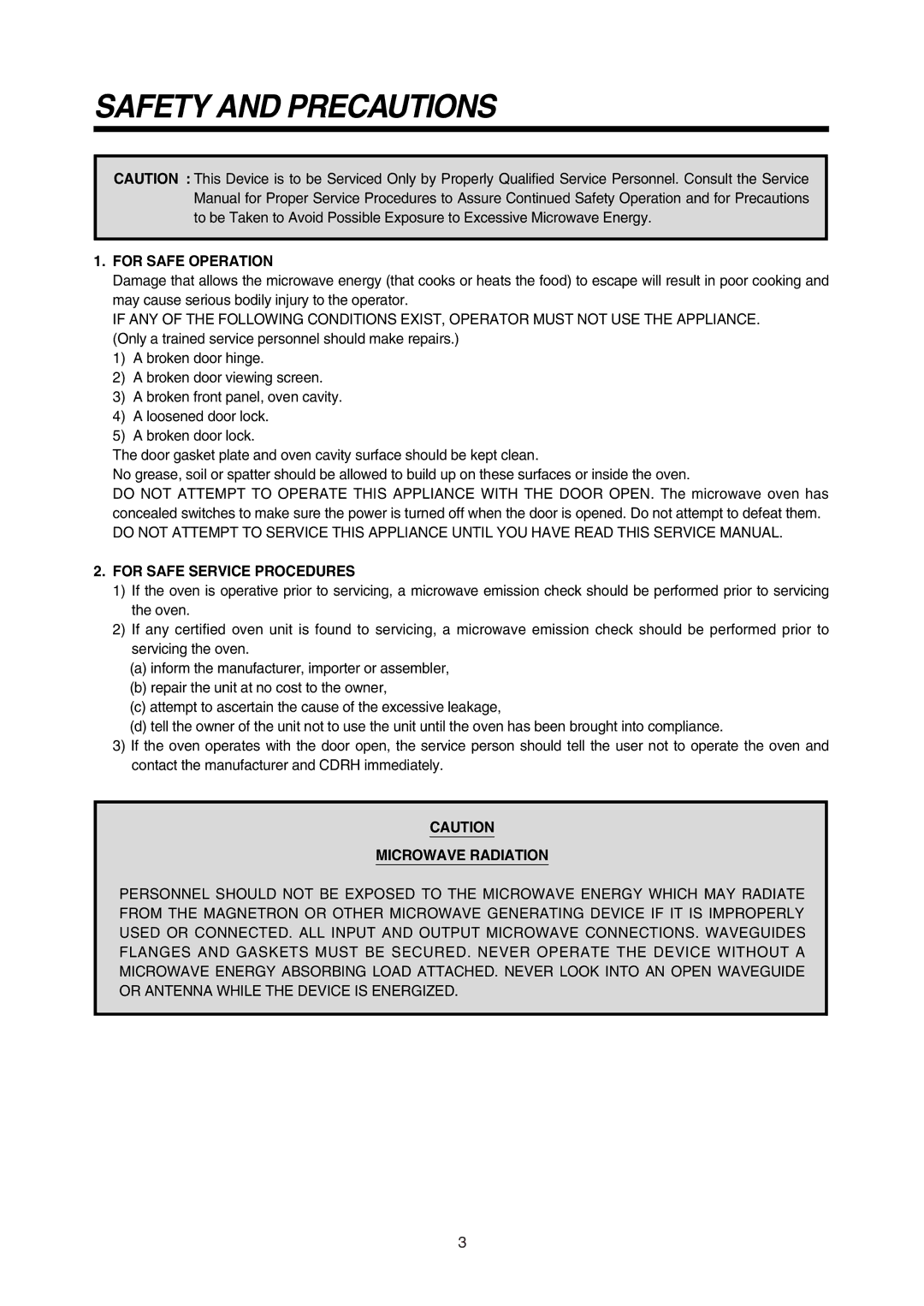 Daewoo 181GOA0A manual Safety and Precautions, For Safe Operation, For Safe Service Procedures, Microwave Radiation 