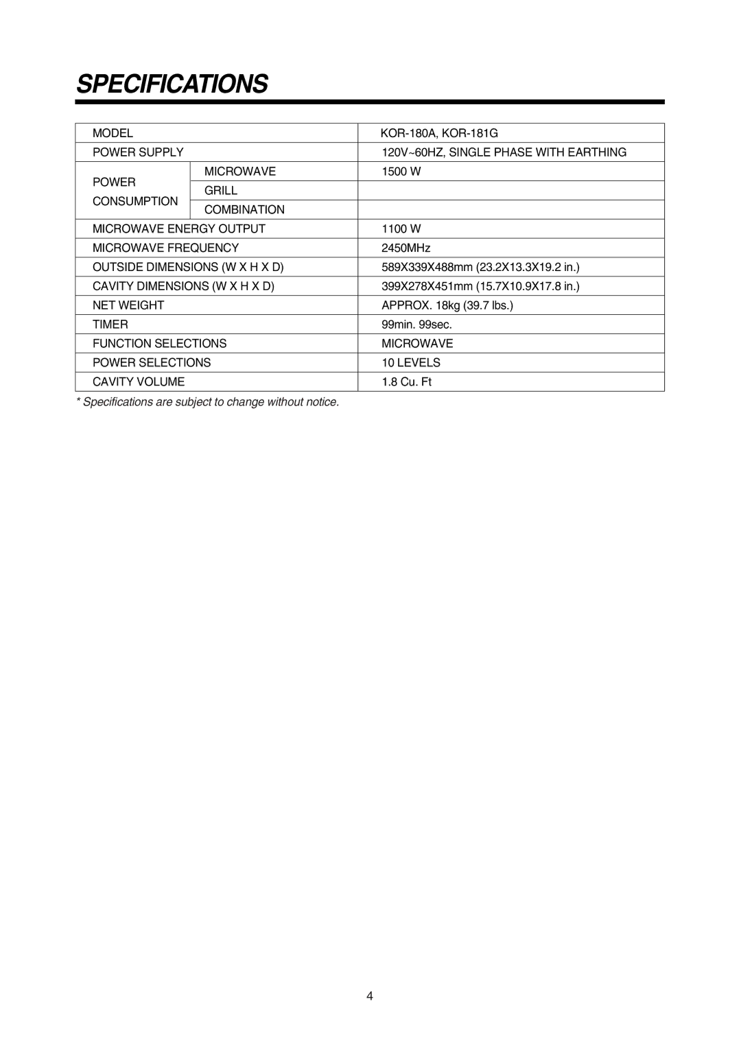 Daewoo 181GOA0A manual Specifications 