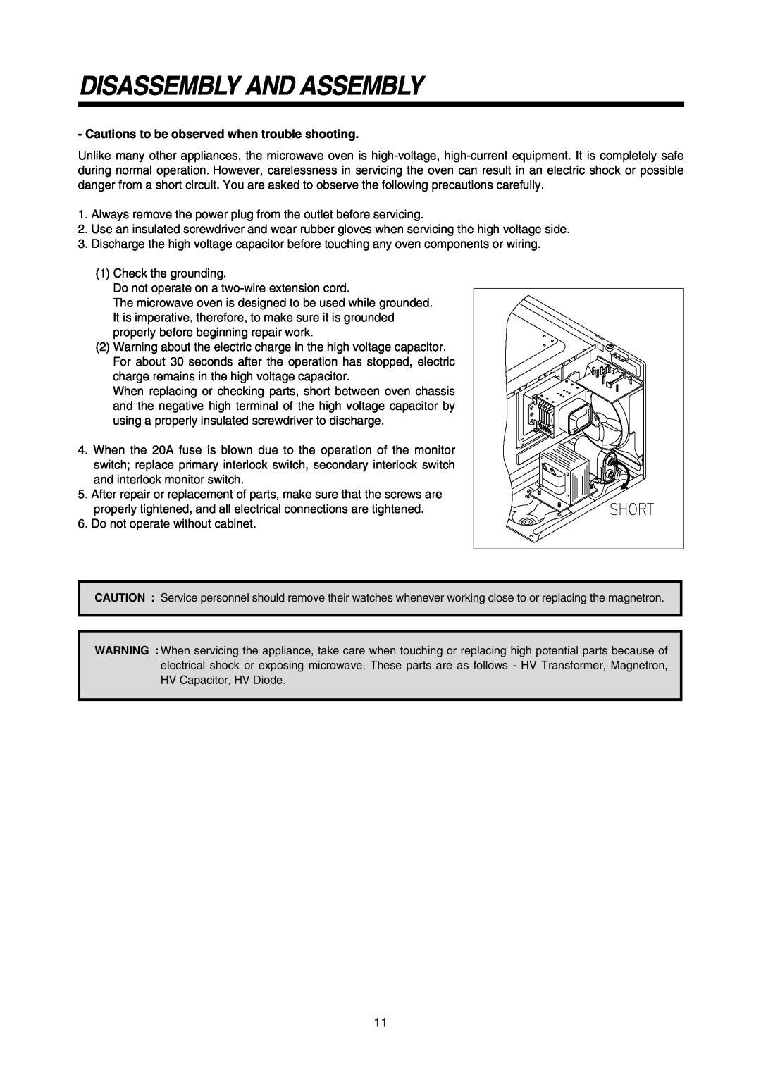 Daewoo 181GOA0A manual Disassembly And Assembly, Cautions to be observed when trouble shooting 