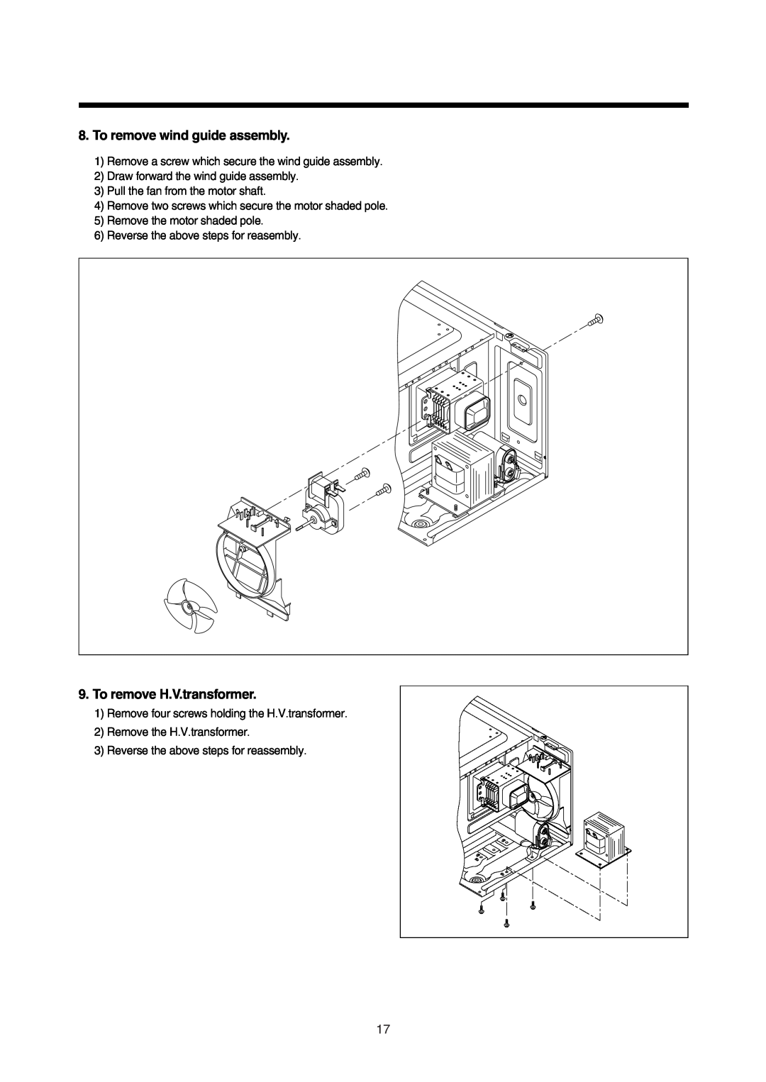 Daewoo 181GOA0A manual To remove wind guide assembly, To remove H.V.transformer 