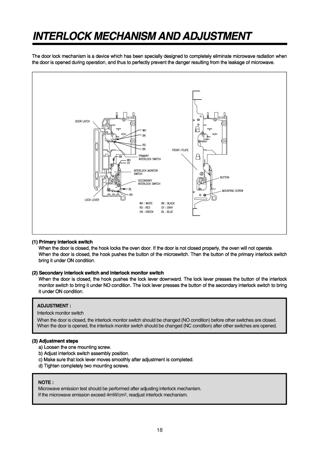 Daewoo 181GOA0A manual Interlock Mechanism And Adjustment, Primary interlock switch, Adjustment steps 