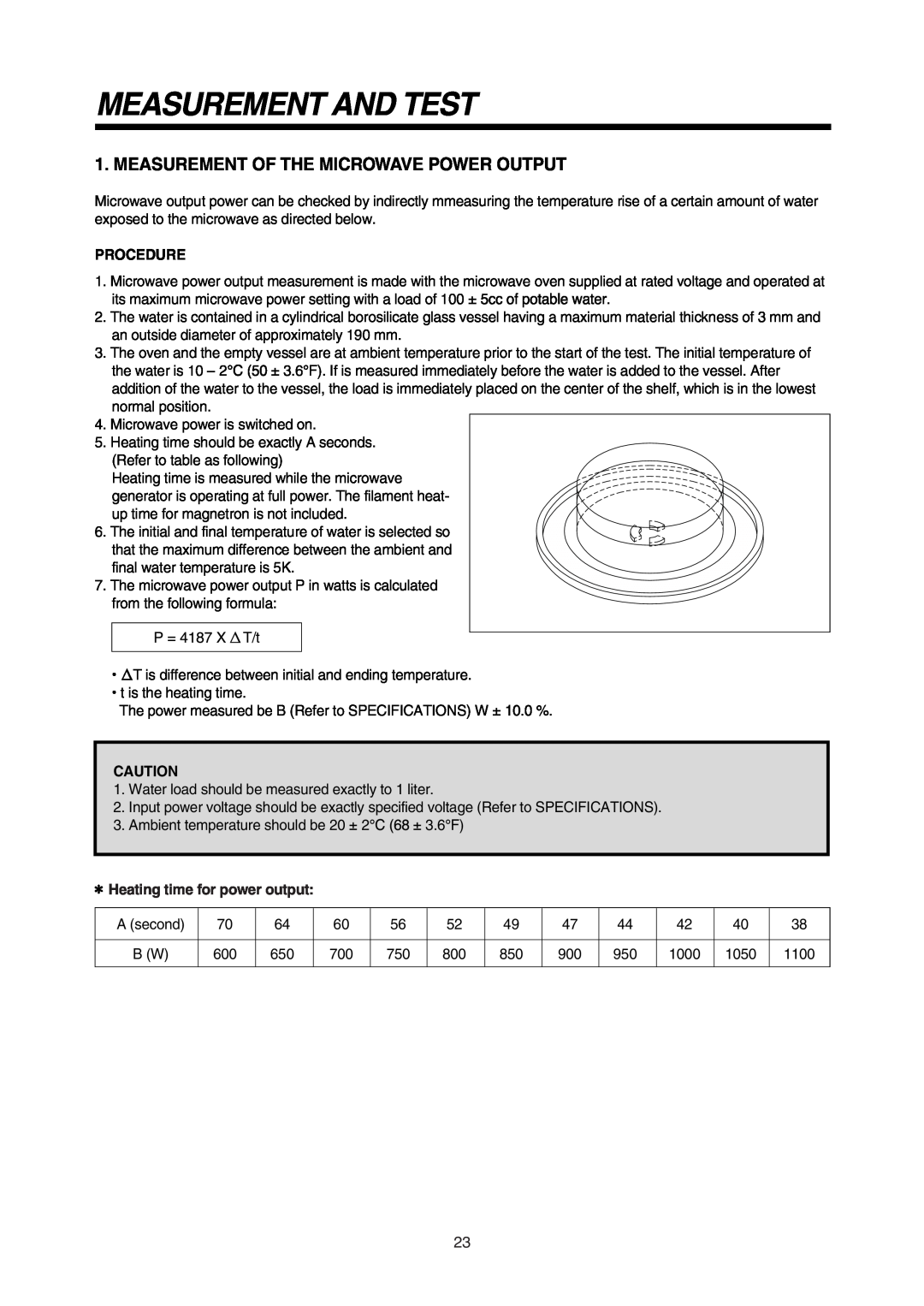 Daewoo 181GOA0A manual Measurement And Test, Measurement Of The Microwave Power Output 