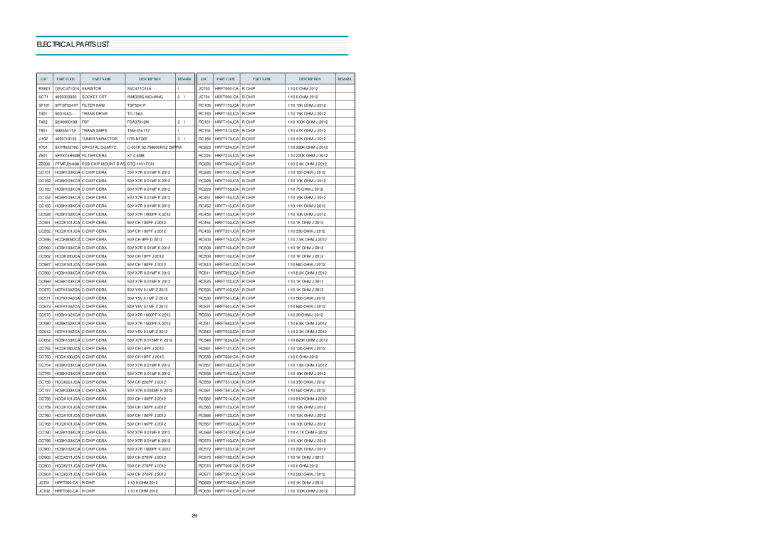 Daewoo 20V4FSN DTQ-14V3FSN, 20V1FSN DTQ-14V5FSN, 20U1FSN DTQ-14V1FSPN, 20V4FCN DTQ-14V1FSN, 20U1FSPN Electrical Parts List 