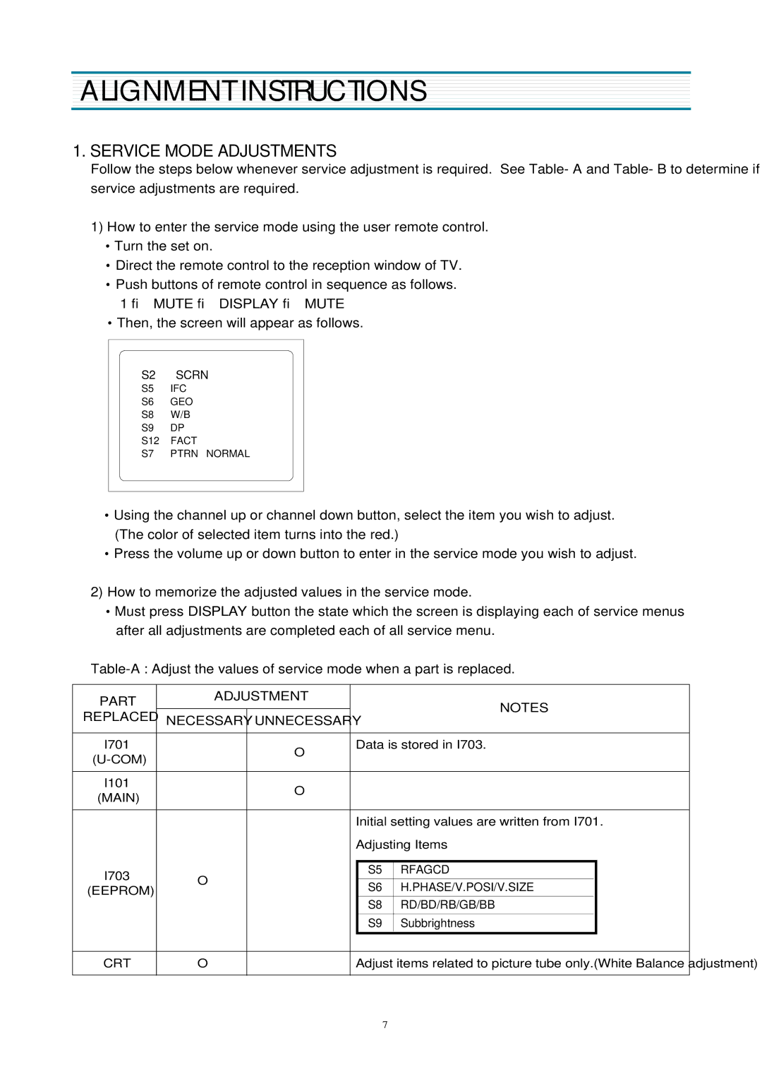 Daewoo 20V1FSPN DTQ-14V5FSPN, 20V4FSN DTQ-14V3FSN, 20V1FSN DTQ-14V5FSN Alignment Instructions, Service Mode Adjustments 