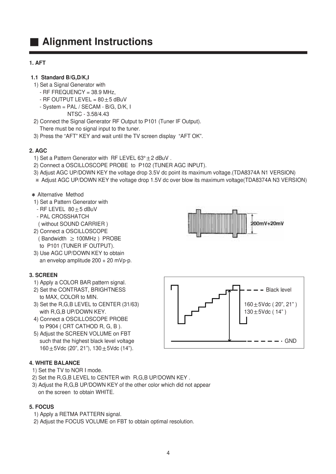 Daewoo 20Q1, 21Q2, 21Q1, 14T2, 21Q4, 14Q2, 14Q1, 21T2, 20Q3, 14T1, 20T2, 21T1 Alignment Instructions, Screen, White Balance, Focus 