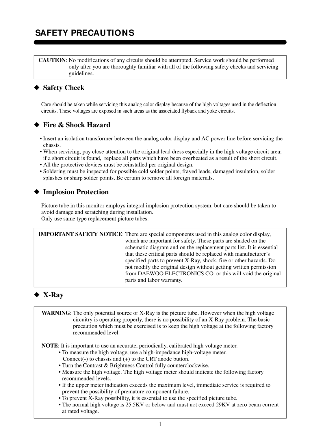 Daewoo 531X service manual Safety Precautions, Safety Check, Fire & Shock Hazard, Implosion Protection, Ray 