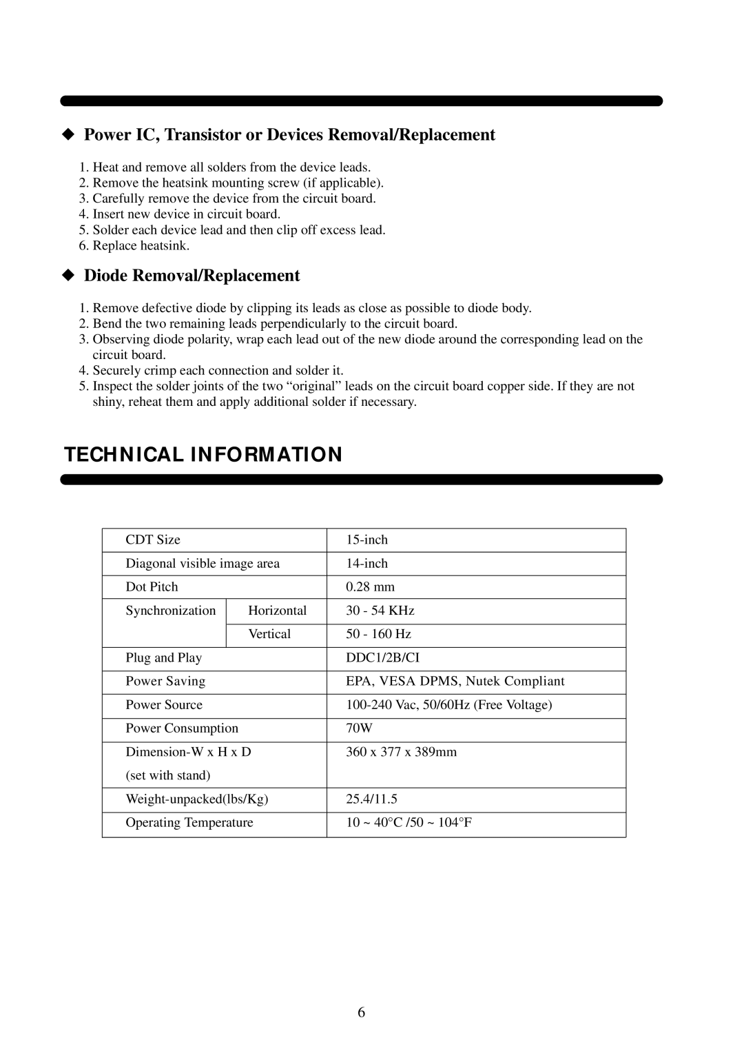 Daewoo 531X Technical Information, Power IC, Transistor or Devices Removal/Replacement, Diode Removal/Replacement 