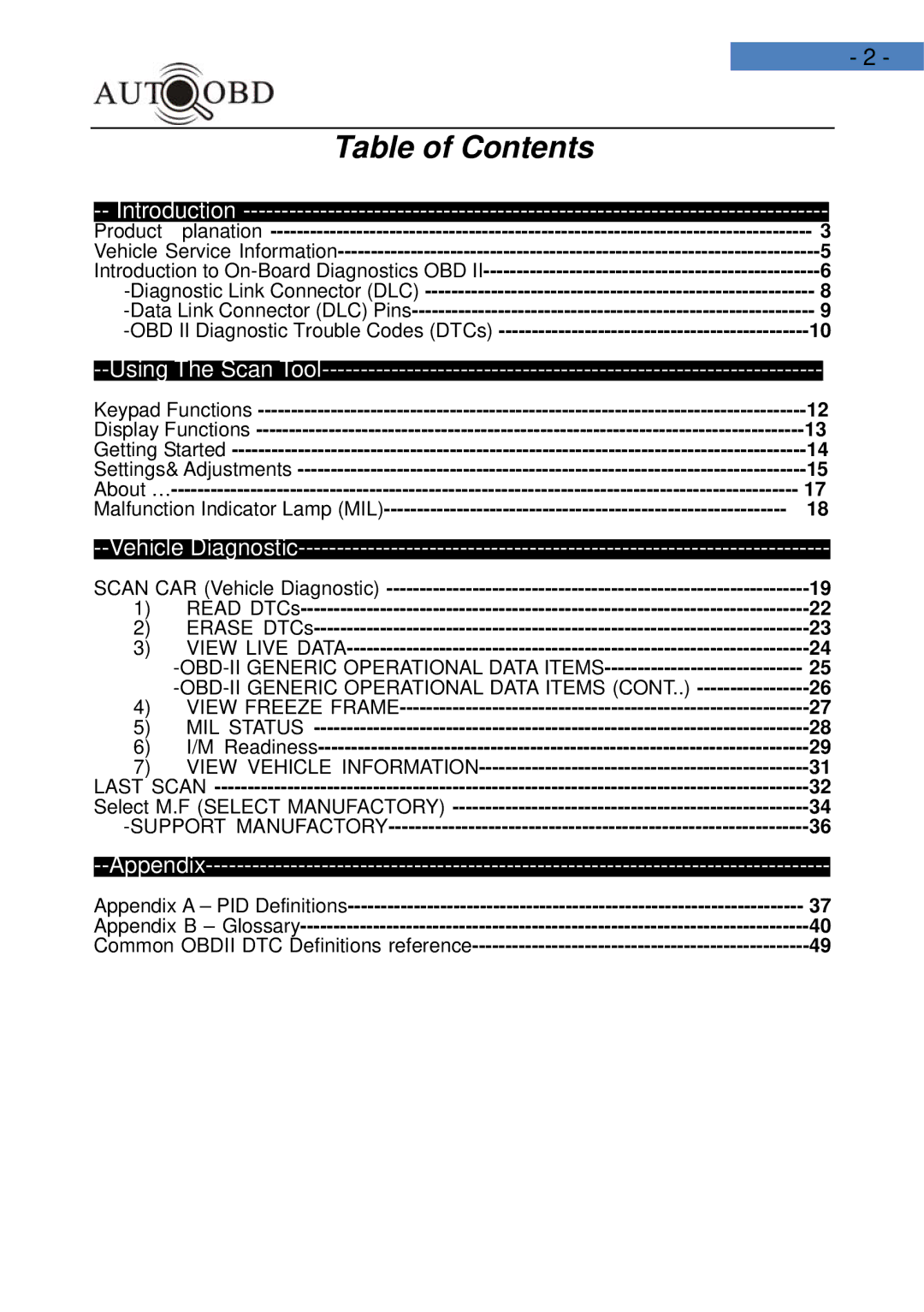 Daewoo AD100 user manual Table of Contents 