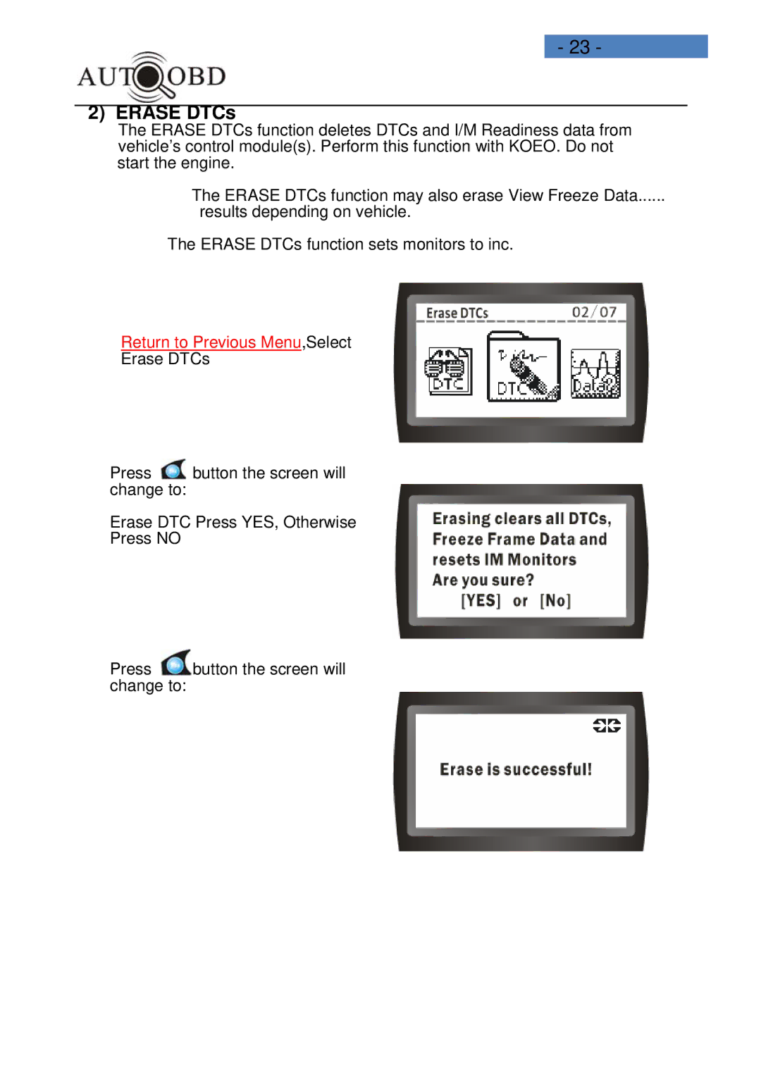 Daewoo AD100 user manual Erase DTCs 