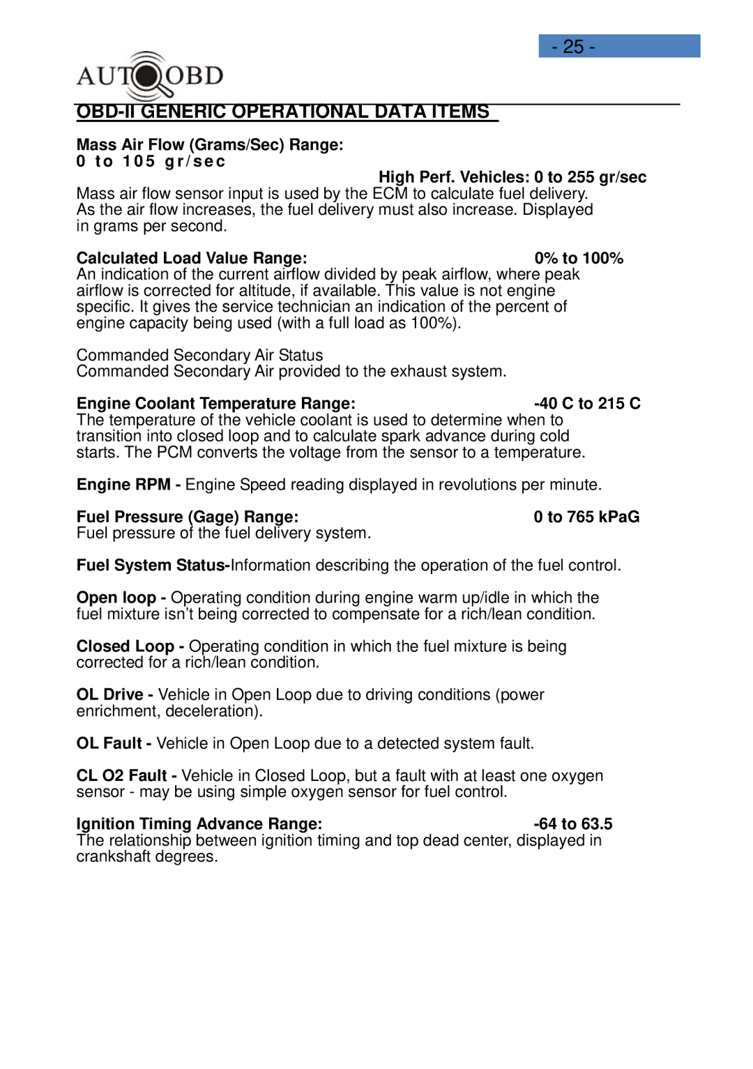 Daewoo AD100 user manual Calculated Load Value Range To 100%, Engine Coolant Temperature Range To 215 C 