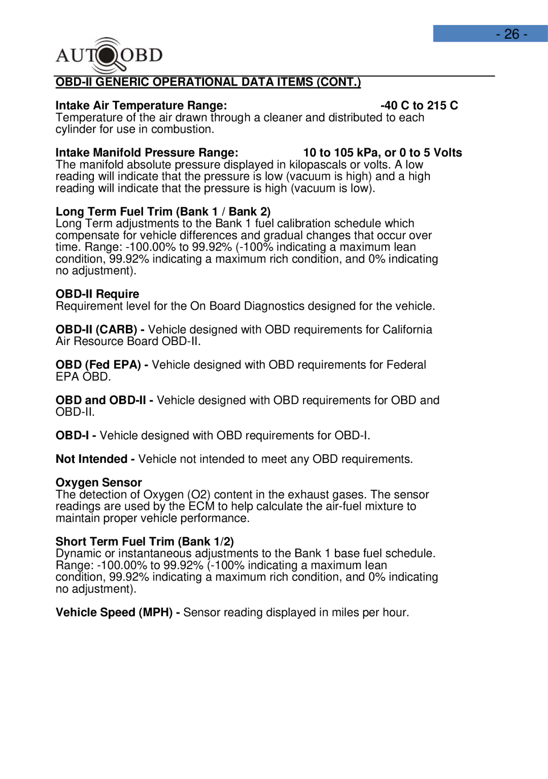 Daewoo AD100 user manual Long Term Fuel Trim Bank 1 / Bank, OBD-II Require, Oxygen Sensor, Short Term Fuel Trim Bank 1/2 