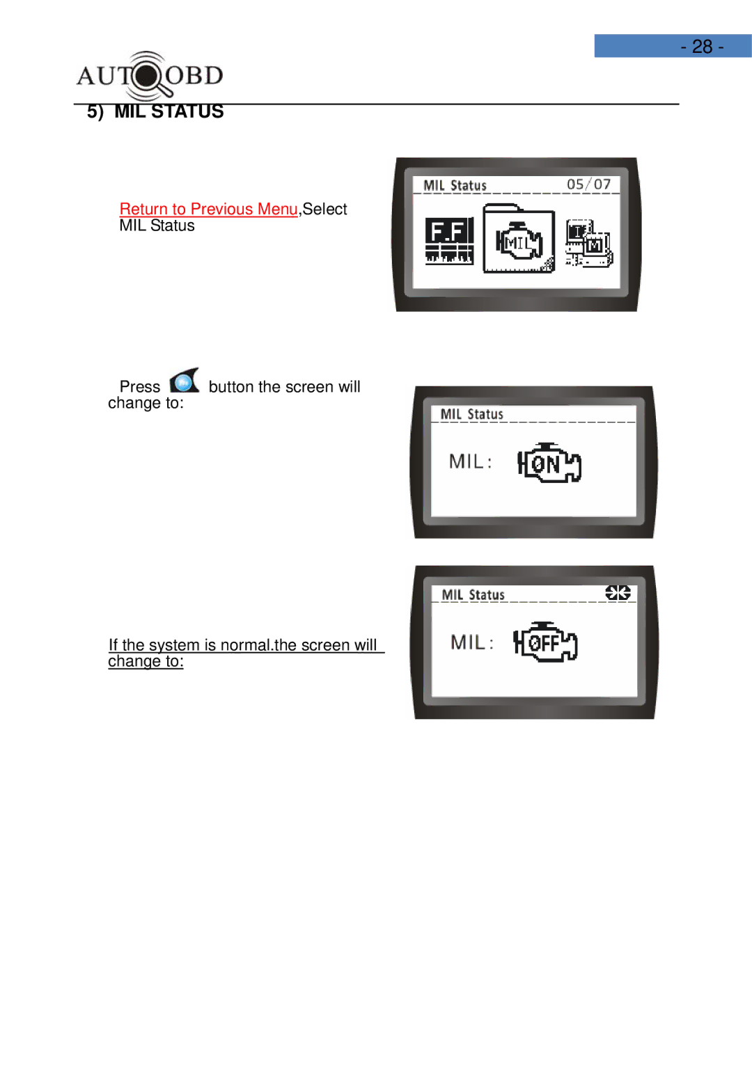 Daewoo AD100 user manual MIL Status 