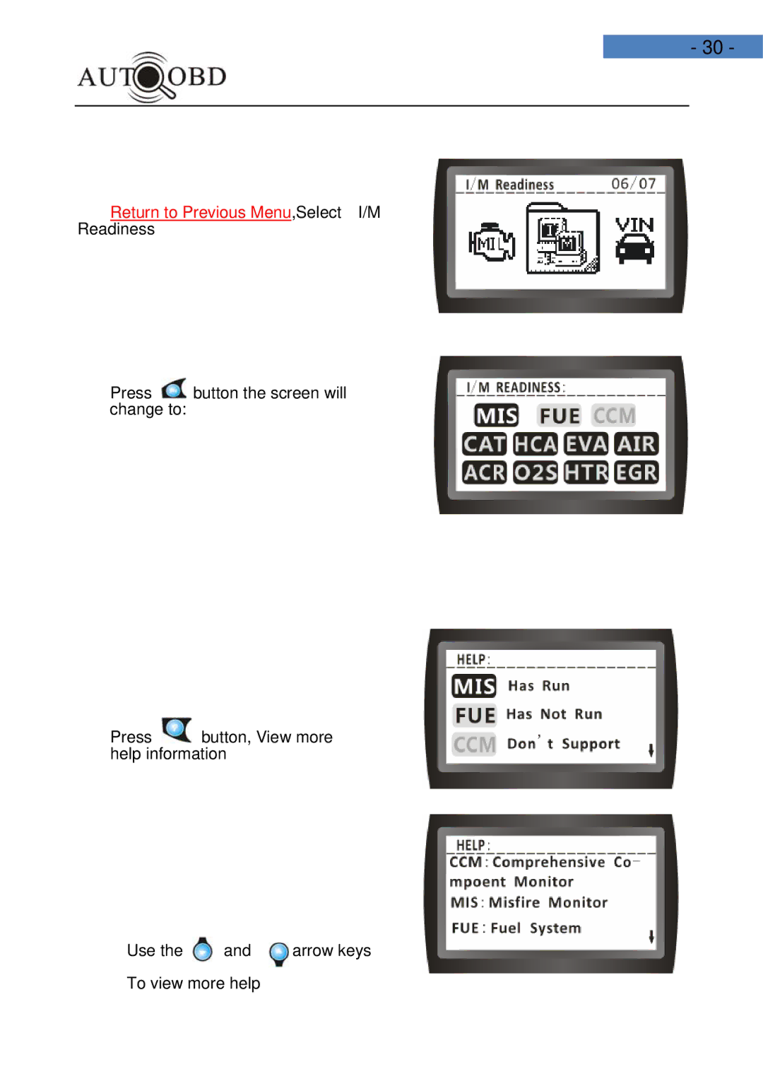 Daewoo AD100 user manual Return to Previous Menu,Select I/M Readiness 