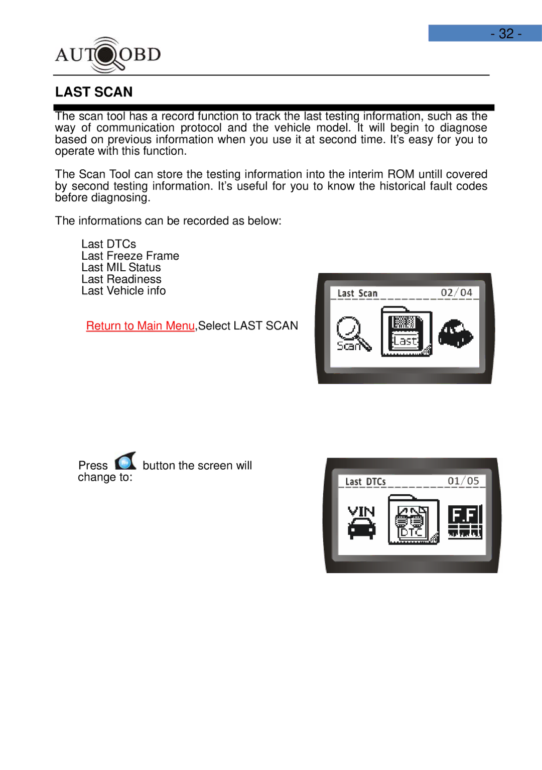 Daewoo AD100 user manual Last Scan 