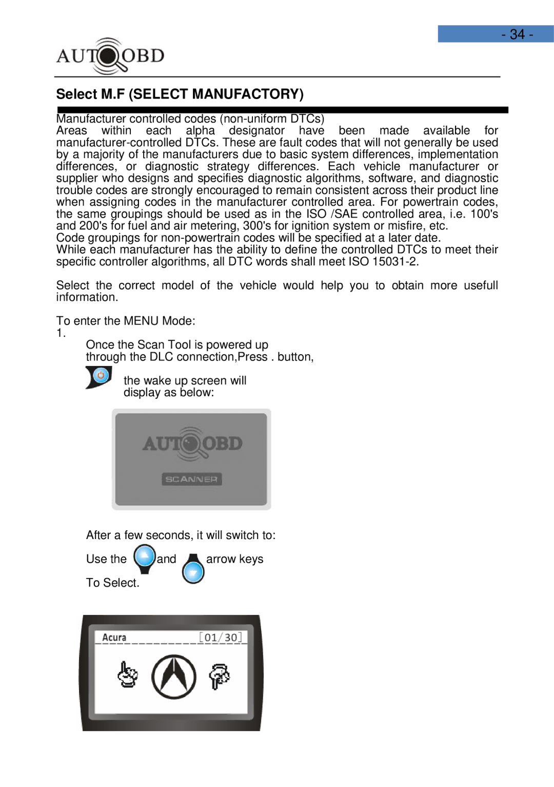 Daewoo AD100 user manual Select M.F Select Manufactory, Manufacturer controlled codes non-uniform DTCs 