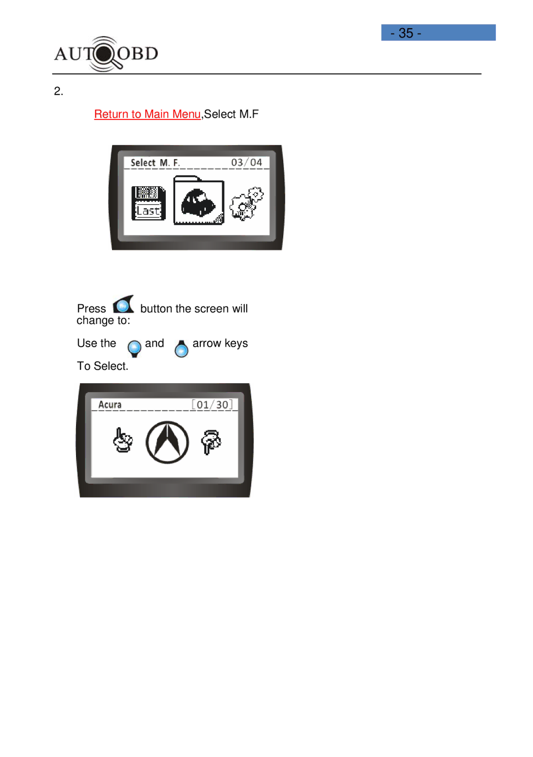 Daewoo AD100 user manual Return to Main Menu,Select M.F 